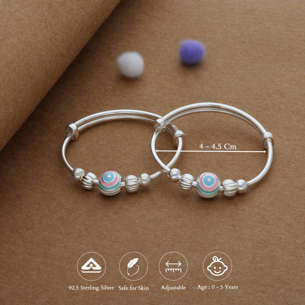 Iyal Blue Dream Dot Silver Kid Bangles (0-5 Yrs) | 925 Hallmark | Adjustable | Everyday Wear : KB-CC-RH-A-286-P