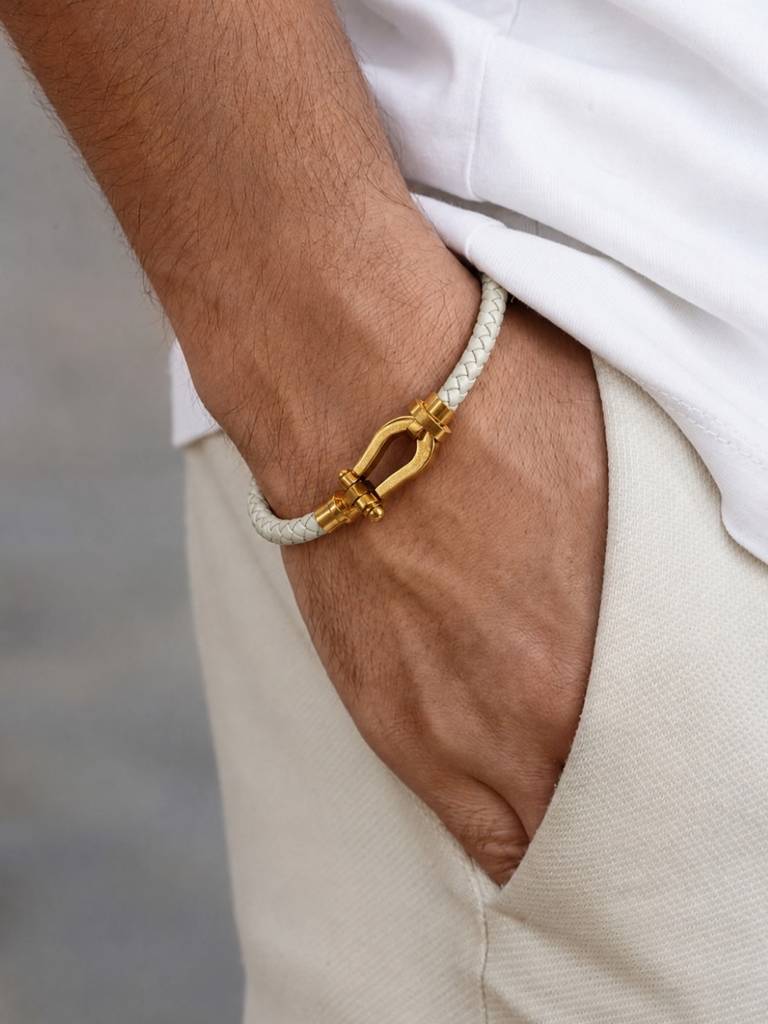 Unisex Braided Leather Gold Magnetic Bracelet : ATB1088WKL