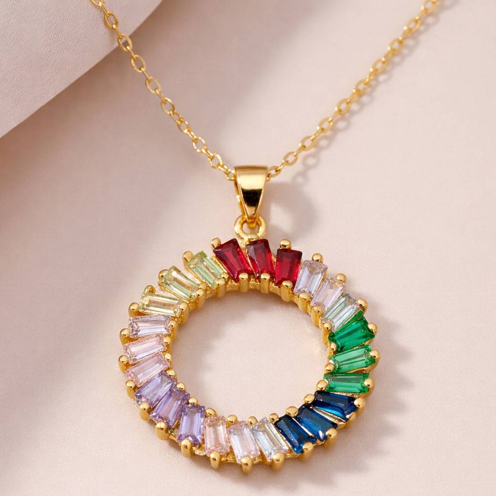 Gold-Plated Rainbow Baguette Stone Circle Anti-Tarnish Pendant Necklace : HSPS60MB1564