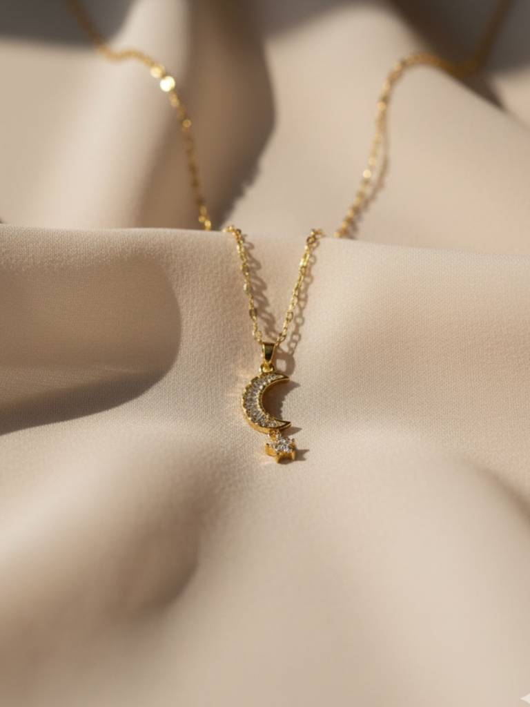 Anti-Tarnish Moon & Star Pendant Chain | 18K Gold Cz Jewelry : ATC645MSPC