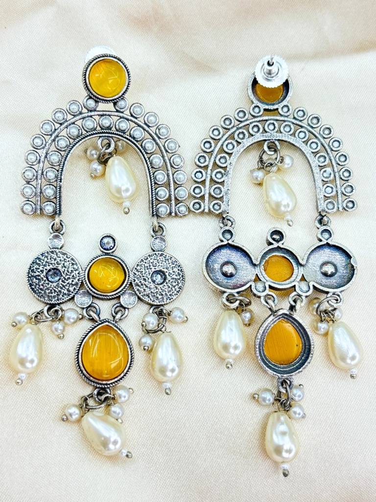 Silver-Plated Contemporary Stone Studded & Beaded Oxidised Drop Earrings : VI24EROX100027