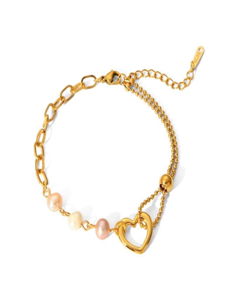 Heart Pearl Chain Bracelet 18K Gold Plated Waterproof Anti-Tarnish : AHC0925B0086