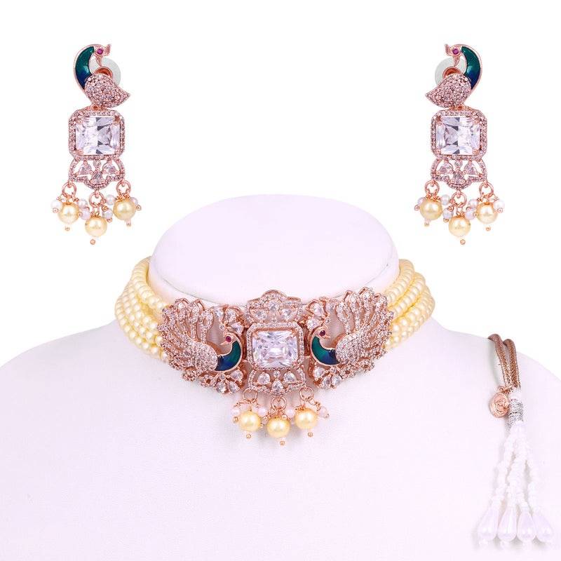 Luxury Rose Gold Finish Cz Multi String Choker Set – Bridal & Festive Wear : AD-934-RGWENKER