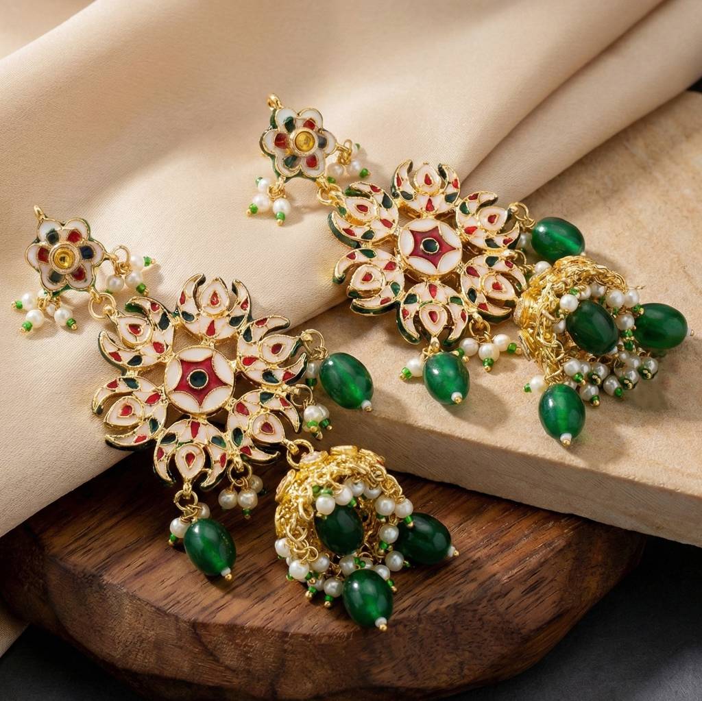 18K Gold Plated Kundan Jhumka With Green Back Meenakari Earrings : 1320-J5EK-2301-G