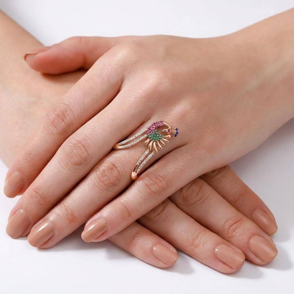 Regal Peacock Multi-Cz Rose Gold-Plated 925 Sterling Silver Ring : RNG-40374-RG