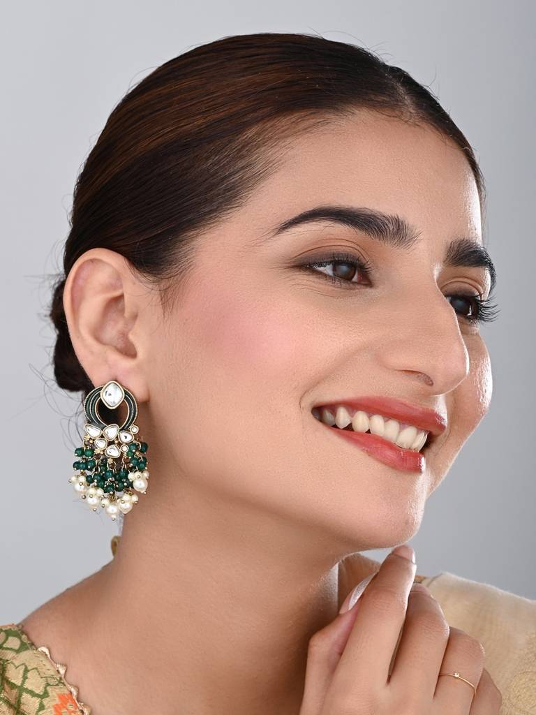 Gold-Plated Meenakari Stud Earrings With Kundan & Pearl Cluster Drops : S24FAER408GRN
