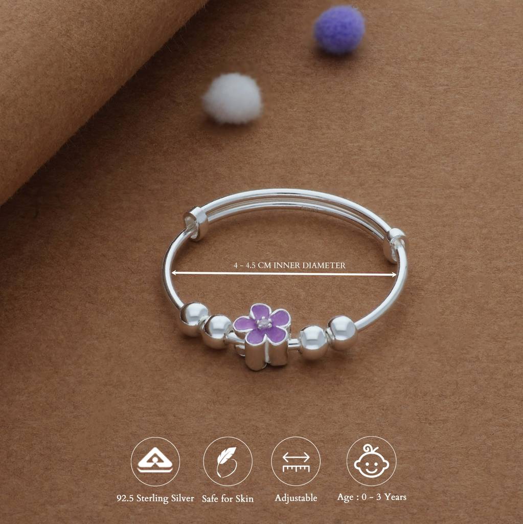 Iyal Purple Blossom Kid Silver Bangles (0–3 Yrs) | 999 Hallmark | Adjustable Daily Wear Baby Kada | Lightwe : KB-CC-RH-A-160-P