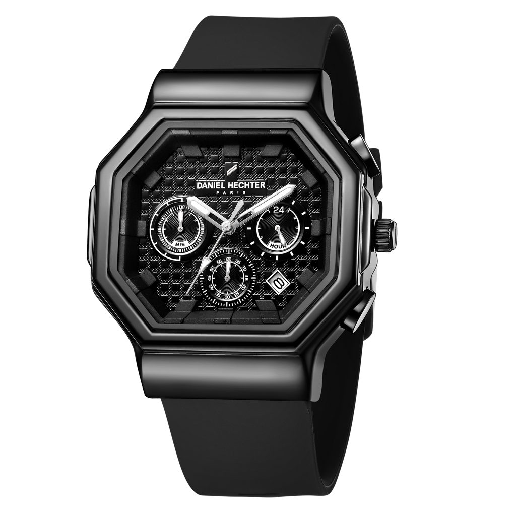 Daniel Hechter Paris Daumesnil Collection Analog Watch For Men Hexagonal Chronograph Watch Black Textured Dial, M : DHM1018-01
