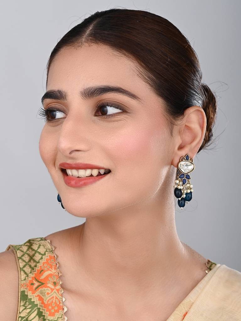 Gold Plated Kundan & Pearl Drop Earrings : S24FAER410BLU