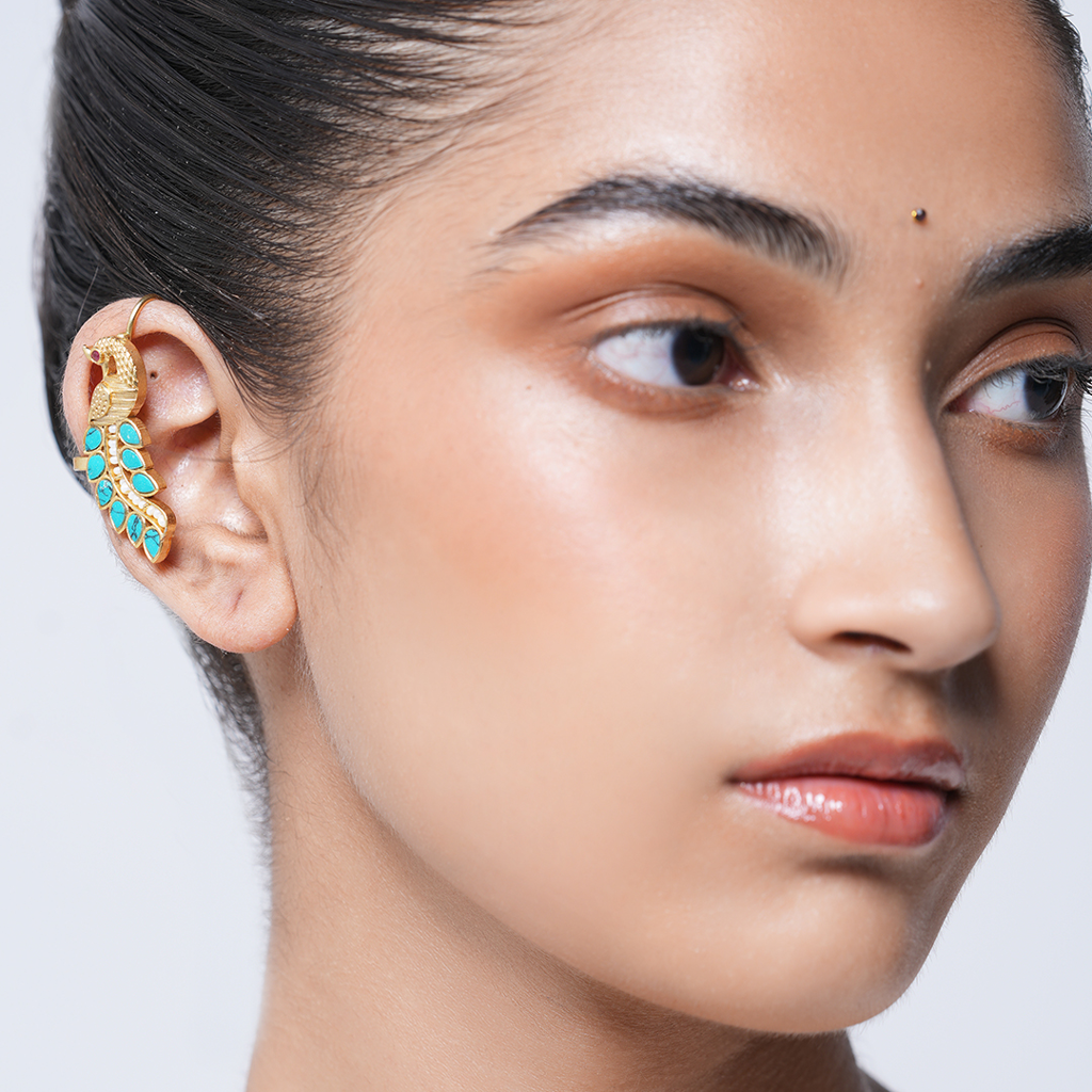 Designer Green Kundan Peacock Earcuffs : CAO0197STM