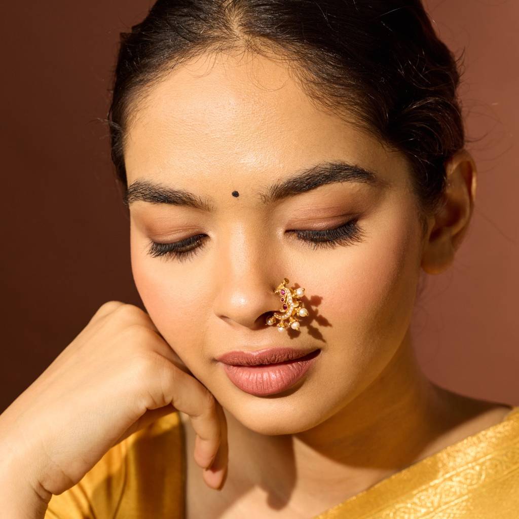 Ruby Gold Plated - Bridal Temple Nath - 452128 : 452128