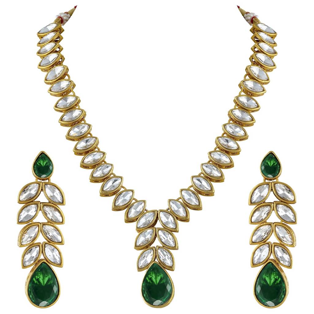 Peora Gold Plated Traditional Crystal Studded Long Necklace Earrings Jewellery Set For Women : PF24N15G