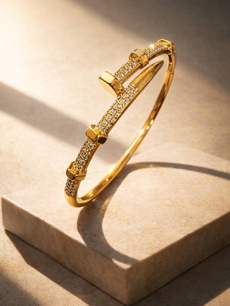 Screw Nail Cuff Bracelet – 18K Gold Plated Cz Stainless Steel : ATB791SNC