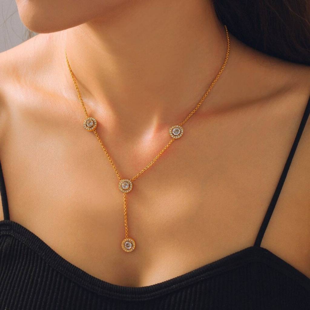 18K Gold Plated Waterproof Antitarnish Titanium Steel Rhinestone