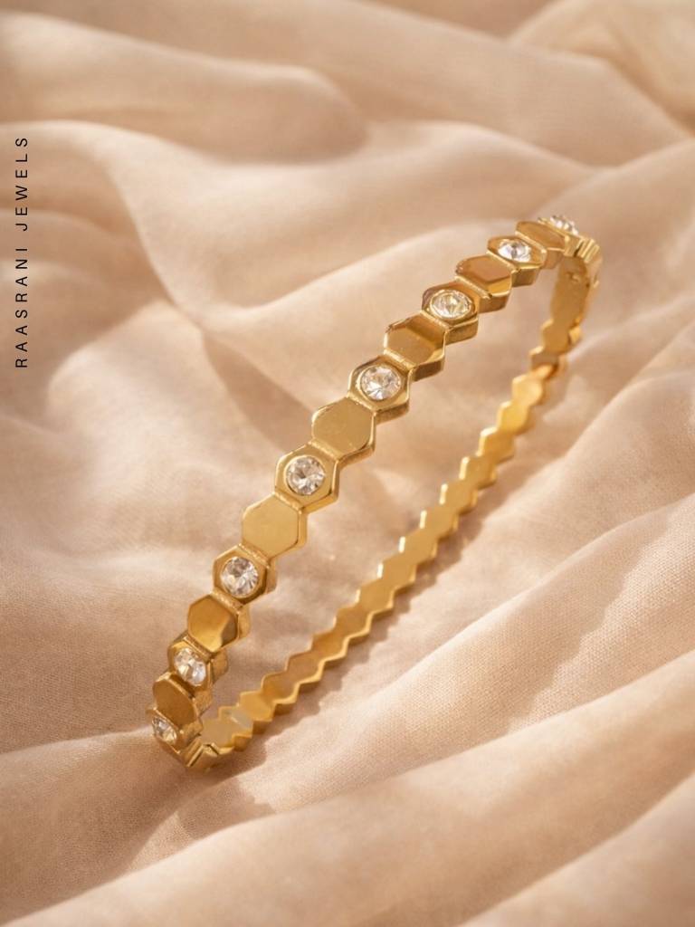 Hexagon Half Studded Gold Bracelet | Anti-Tarnish Cz Bracelet : ATB720HHSB