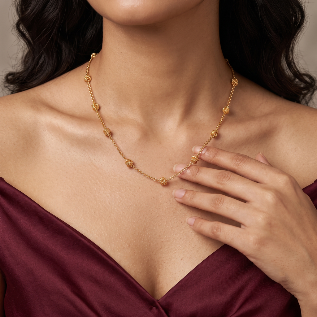 Gold Plated Brass Beaded Station Chain Necklace : SCDELNL0468