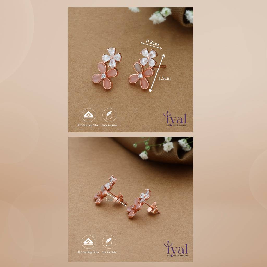 Two Step Flower Rose Gold Polish 925 Silver Stud : ES-3