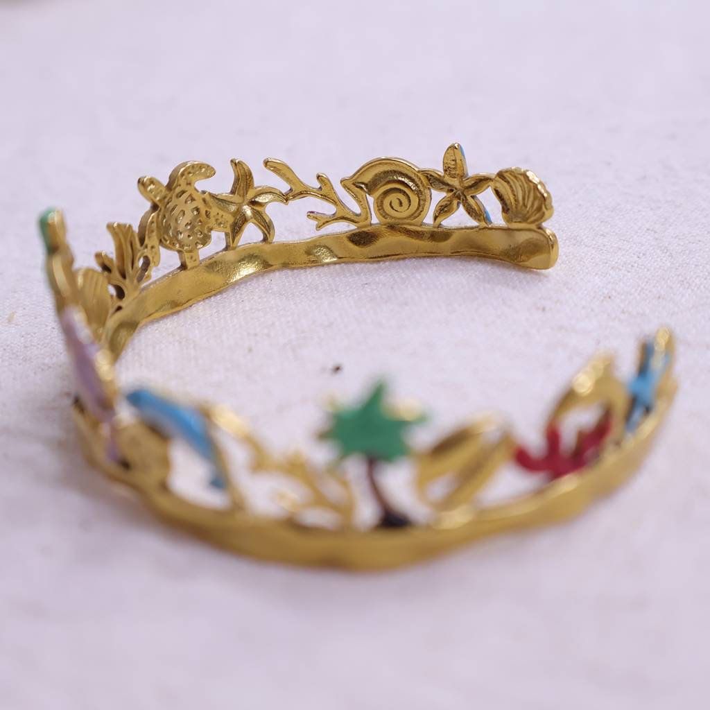 Women’S Gold Plated Tropical Theme Open Bangle | Shell, Starfish & Palm Tree Design Stainless Steel Bracelet : LJB001