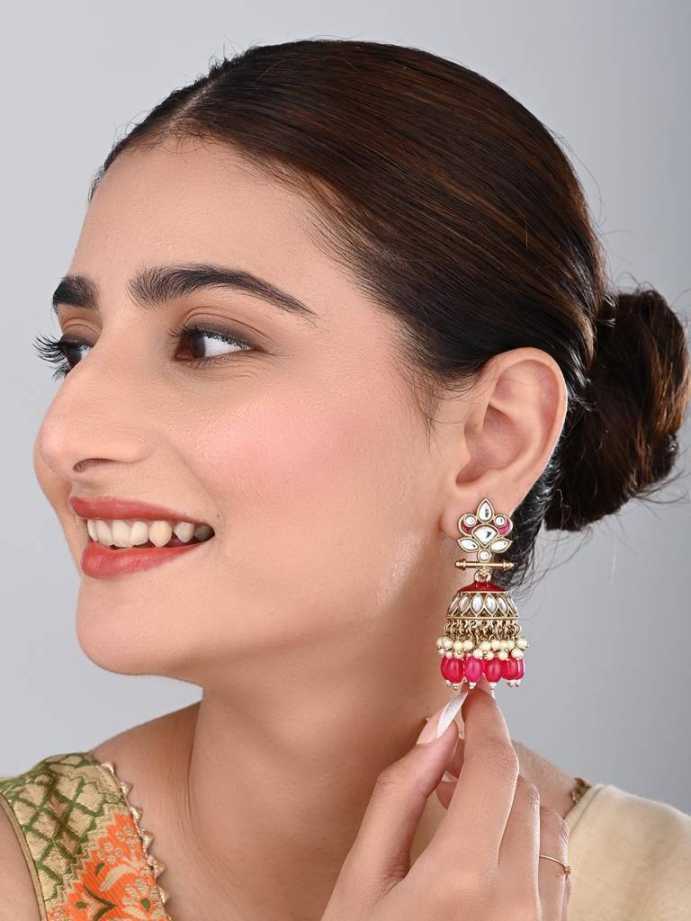 Gold Plated Kundan & Meenakari Jhumka Earrings : S24FAER411PNK