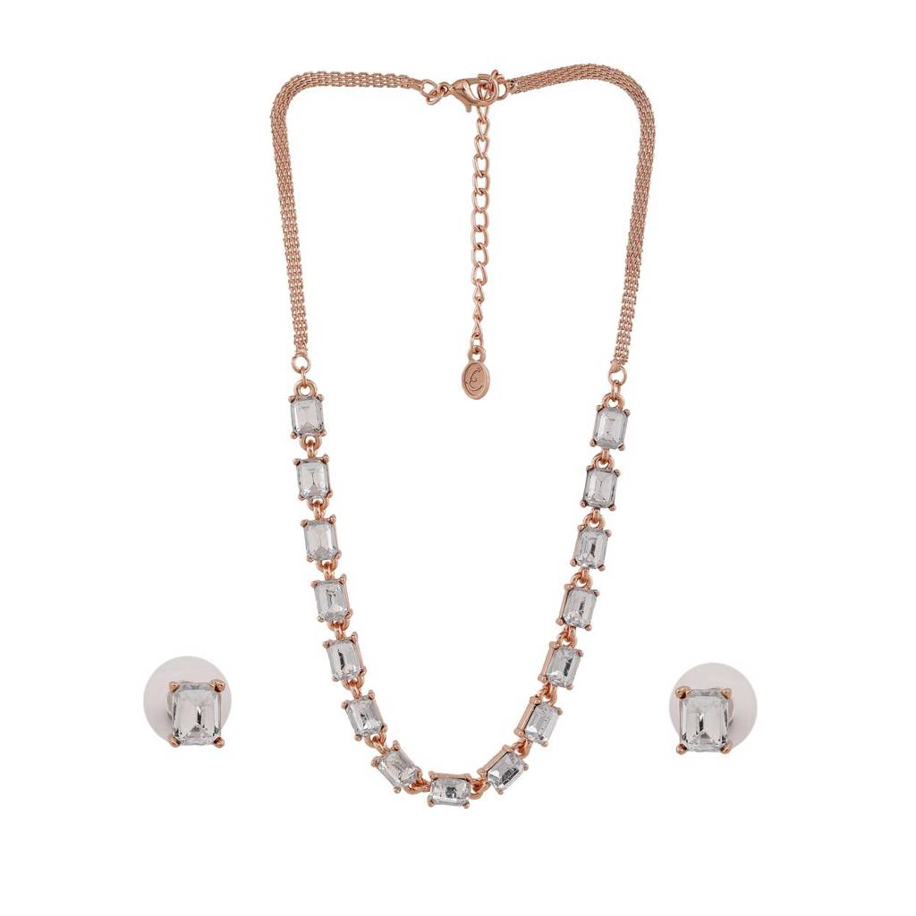 Estele Rose Gold Plated Sparkling Necklace Set With Crystals For Women