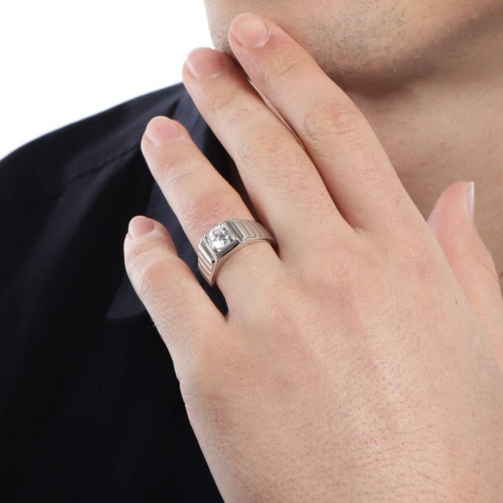 Cz Studded Solitaire 925 Sterling Silver Ring For Him (Adjustable) : RNG-40075