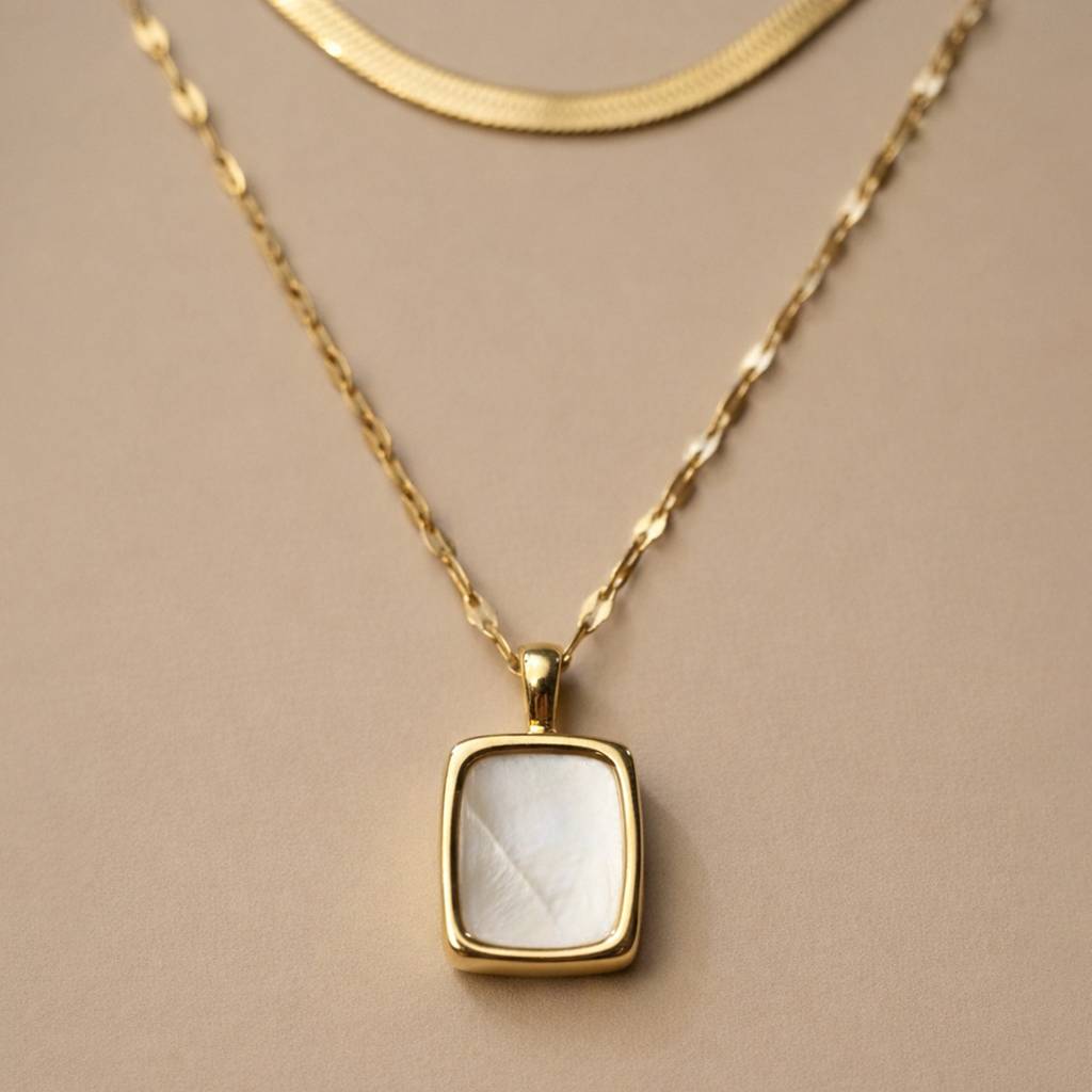 Gold-Plated Double Layer With Minimal Square Anti-Tarnish Pendant Necklace : HSPS60MB1583