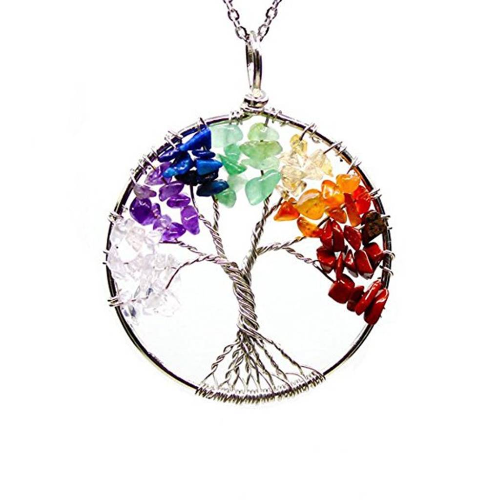 7 Chakra Rainbow Tree Of Life Crystal Wire Wrapped Gemstone Necklace For Women Girls : PFCP75