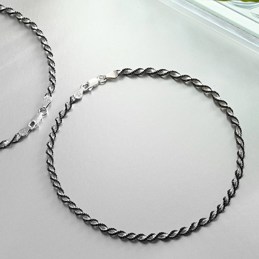 Black Twisted Weave 925 Sterling Silver Anklet : ANK-60019-PAIR