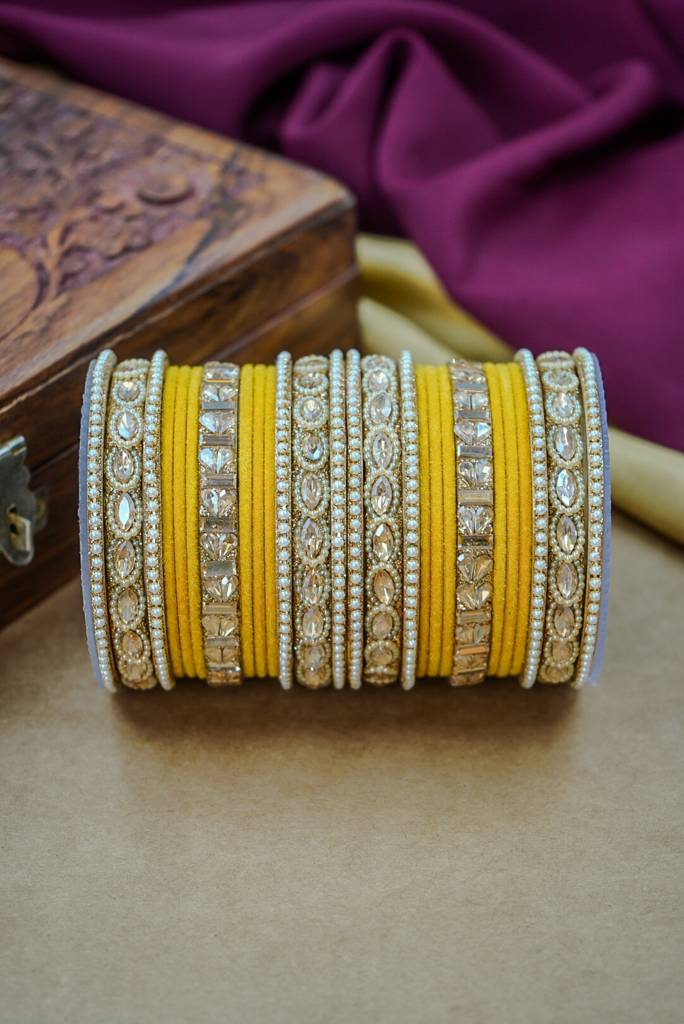 Premium Velvet Bangles Set – Wedding & Party Wear : HJ-28-24-YELLOW