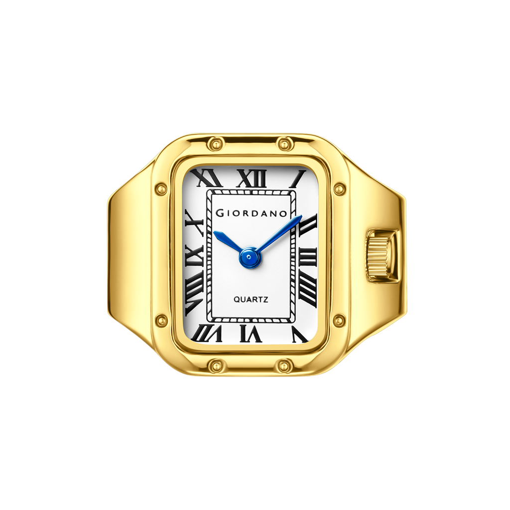 Analog Ring Watch For Women With Rectangular Dial, Roman Numeral Markers, Blue Hands, Quartz Movement And Stainl : GZ-60186-11