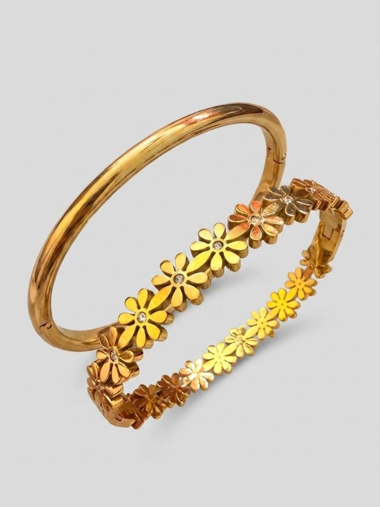 Floral Link & Gold Bangel Bracelet Combo, 18K Gold-Plated : CBR016FLG
