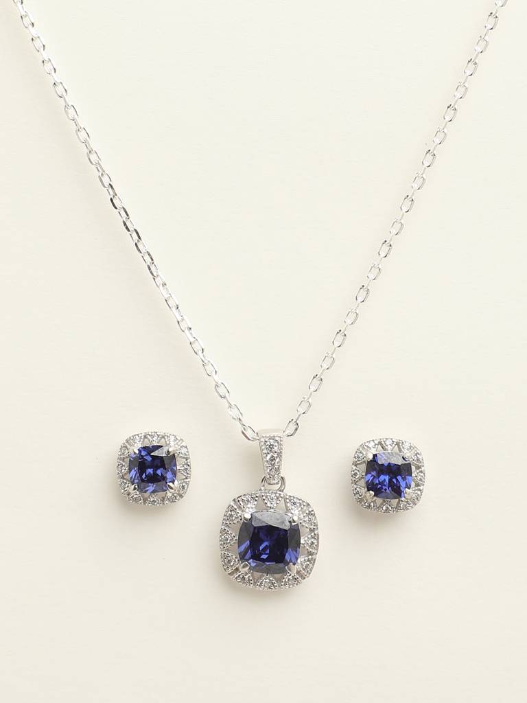 92.5 Sterling Silver Rhodium Plated Swiss Zirconia Royal Blue Cushion Pendant Earring Chain Jewellery Set Gif : CSCLRP2E2CU_BS