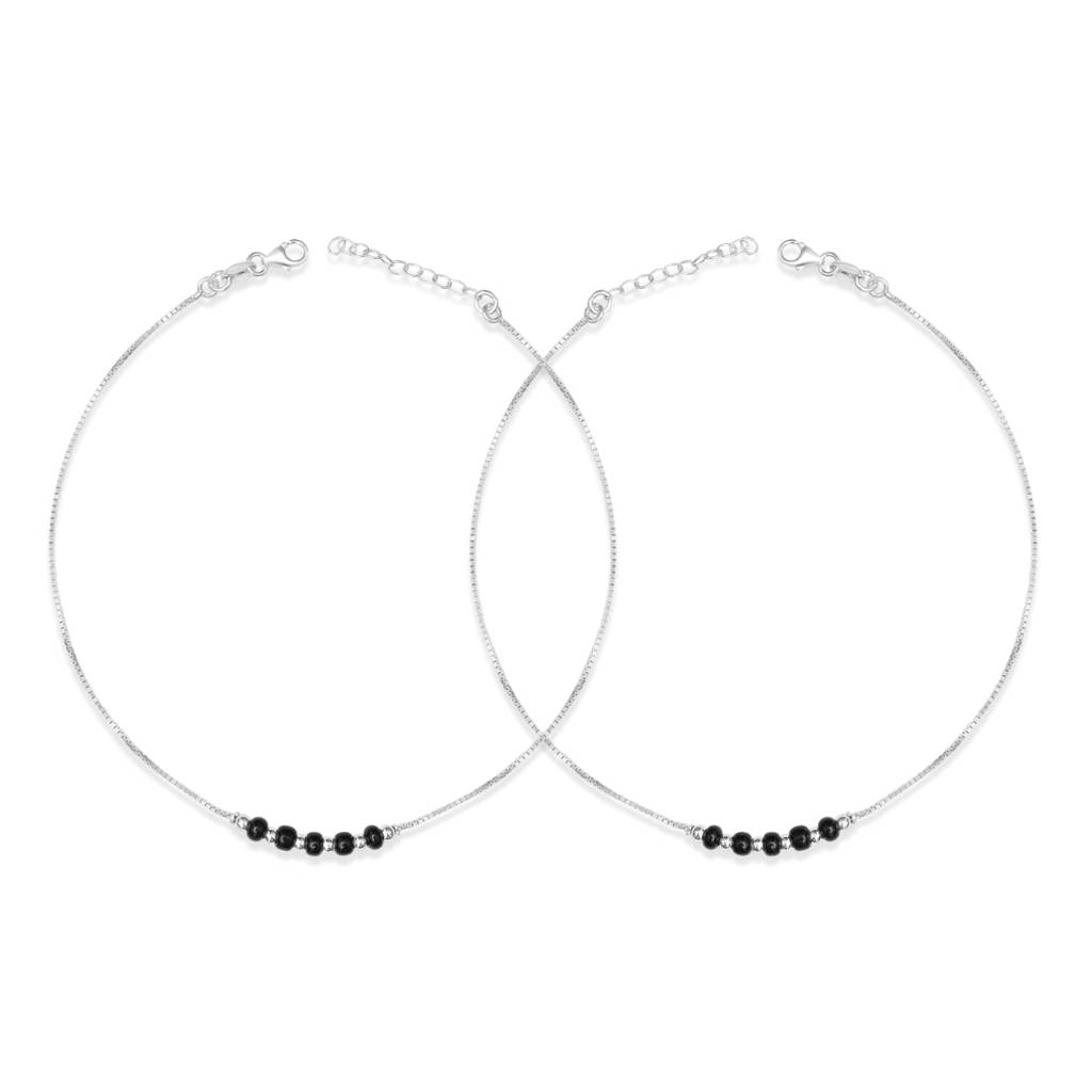 Minimal Beaded Rhodium Plated 925 Sterling Silver Anklet : ANK-60398-PAIR-R
