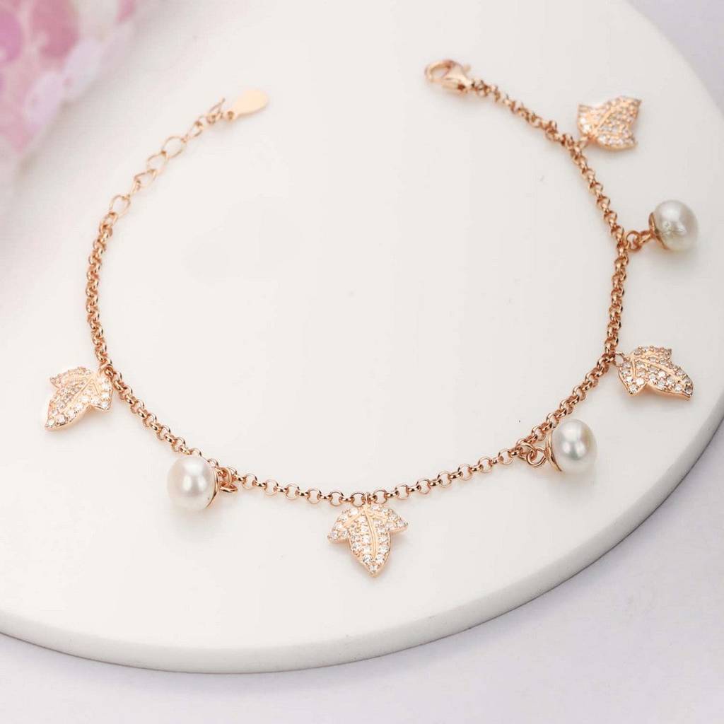 Twinkling Leaves And Cute Pearls Charm 925 Silver Bracelet : BR-80003