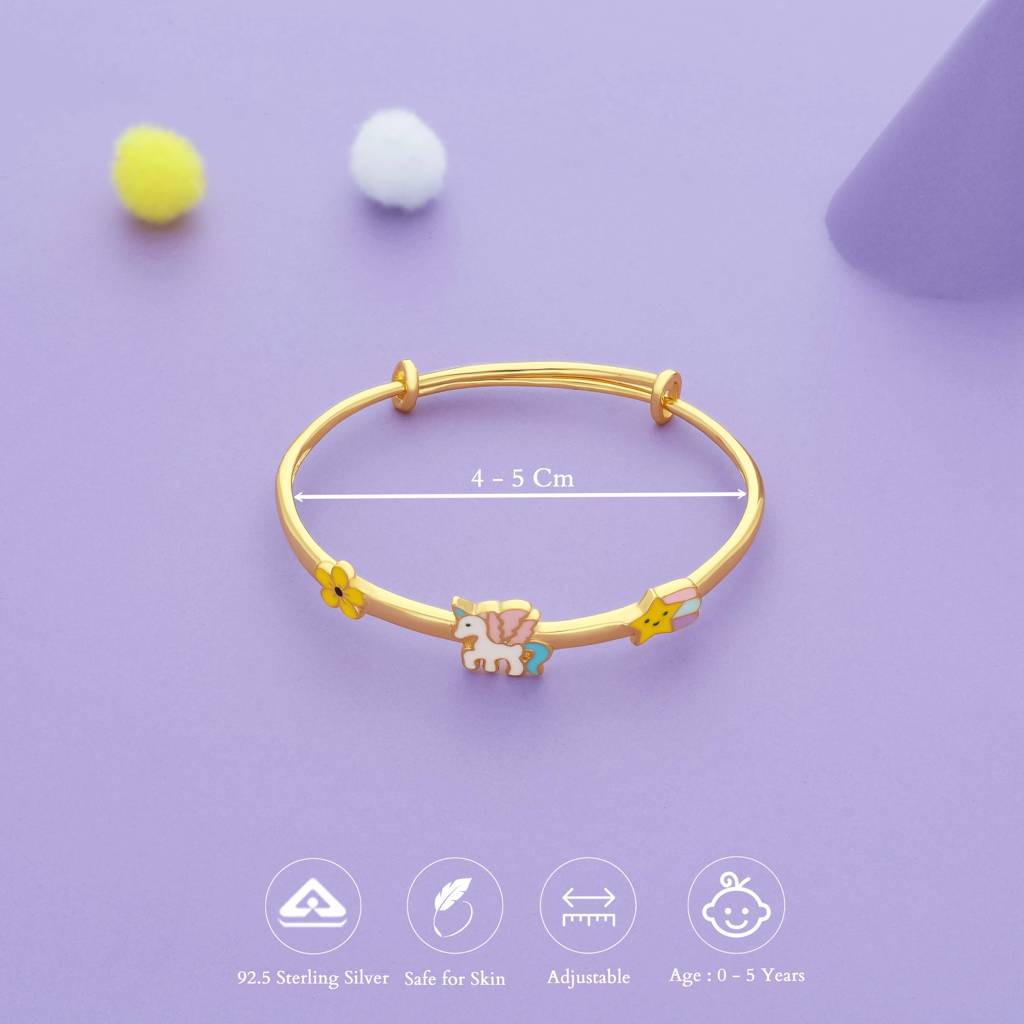 Floral Unicorn Dream Gold Polish 925 Kid Silver Bangles (0–5 Yrs) : KB-CC-GO-U-126-P