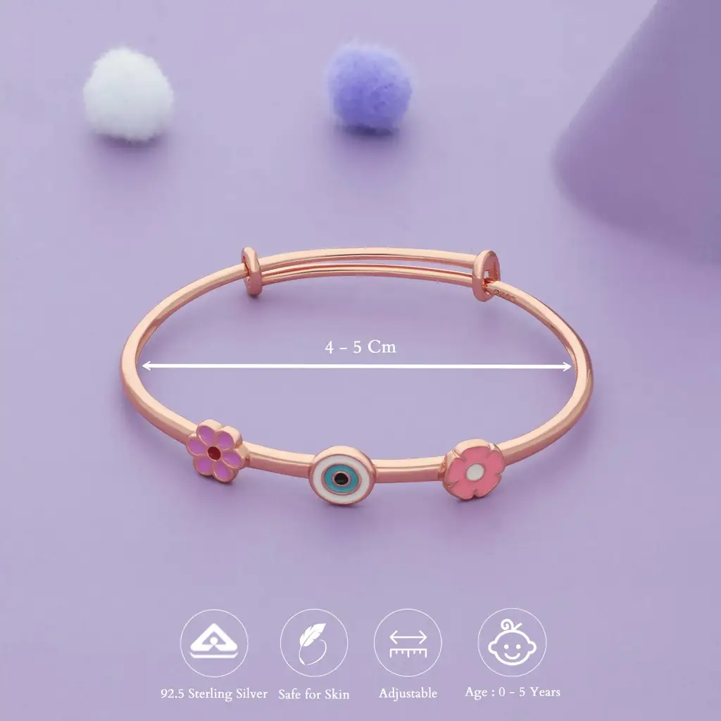 Iyal Lucky Bloom Evil Eye Duo 18K Rose Gold Polish Silver Kids Bangles (0-5 Yrs) : KB-CC-RG-U-182-S