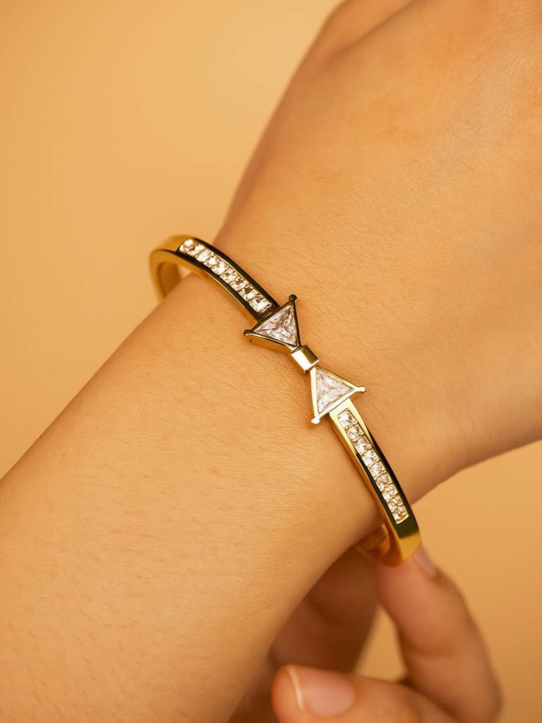 18K Gold Plated Bow Studded Bracelet For Women Â Stainless Steel | Anti-Tarnish | Cubic Zirconia Stones : ATB557BSB