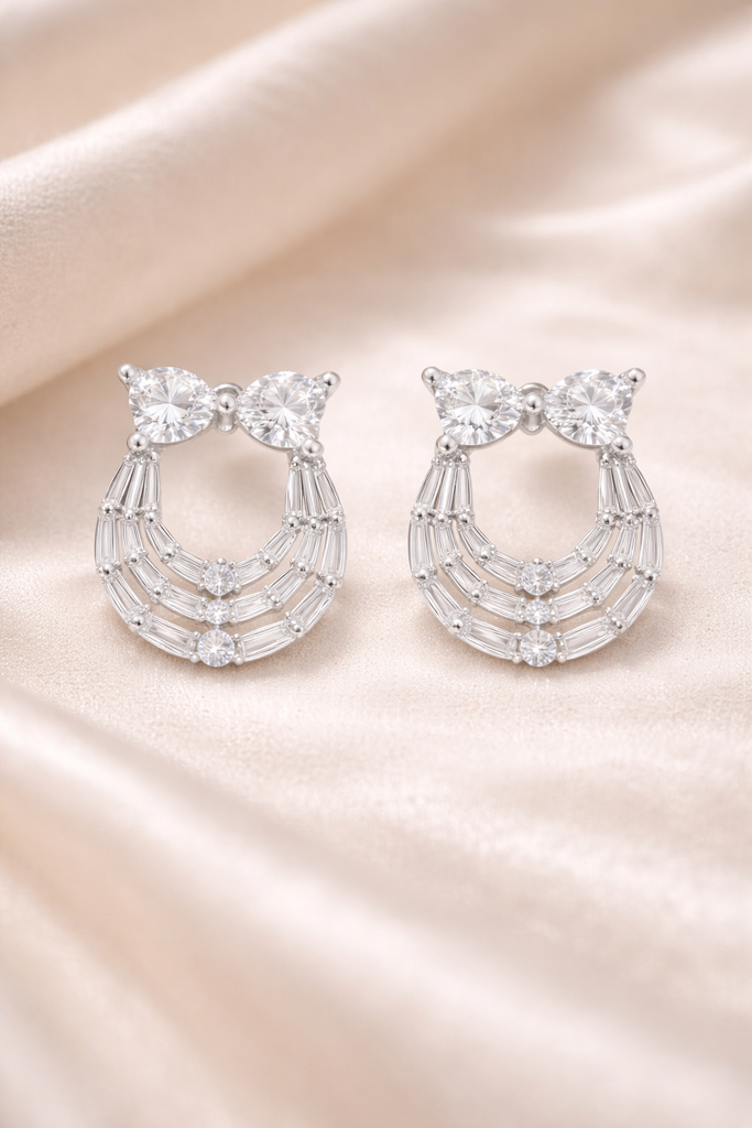 Heart And Baguette Studs Silver Earrings : E073