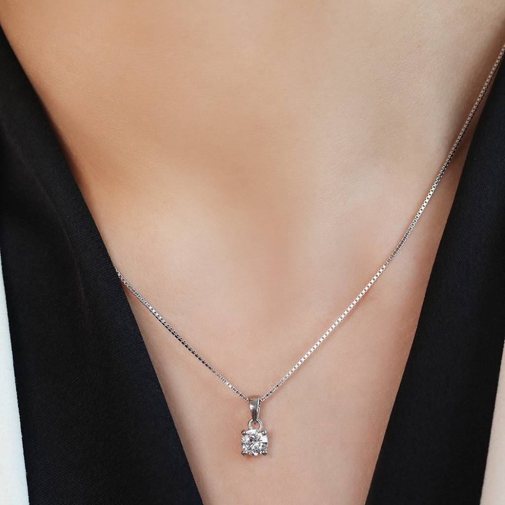 Solitaire 925 Silver Rhodium Plated Necklace Chain : PEN-30014-C