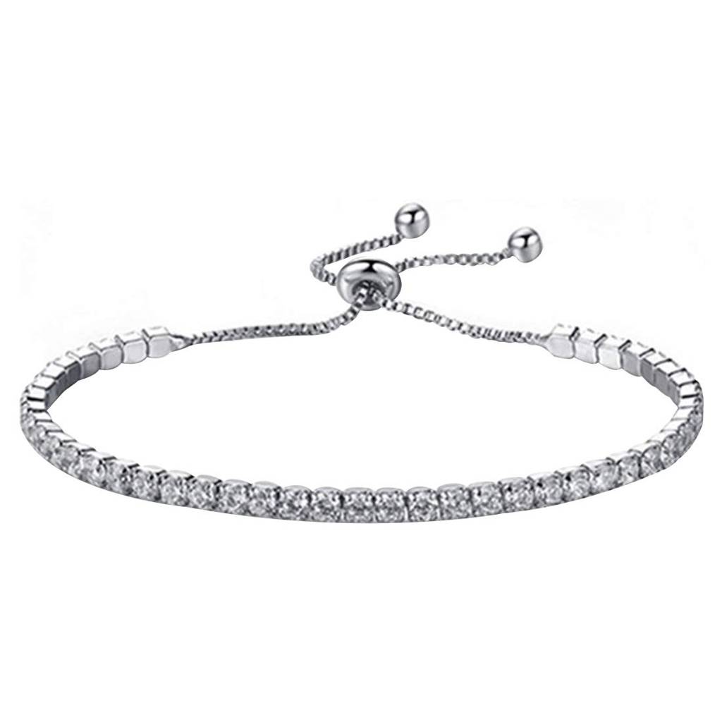 Adjustable Silver Plated Rhinestone Diamond Cut Cz Bridesmaid Tennis Bracelet Gift For Women Girls Valentines Gift Fo : PX8B31