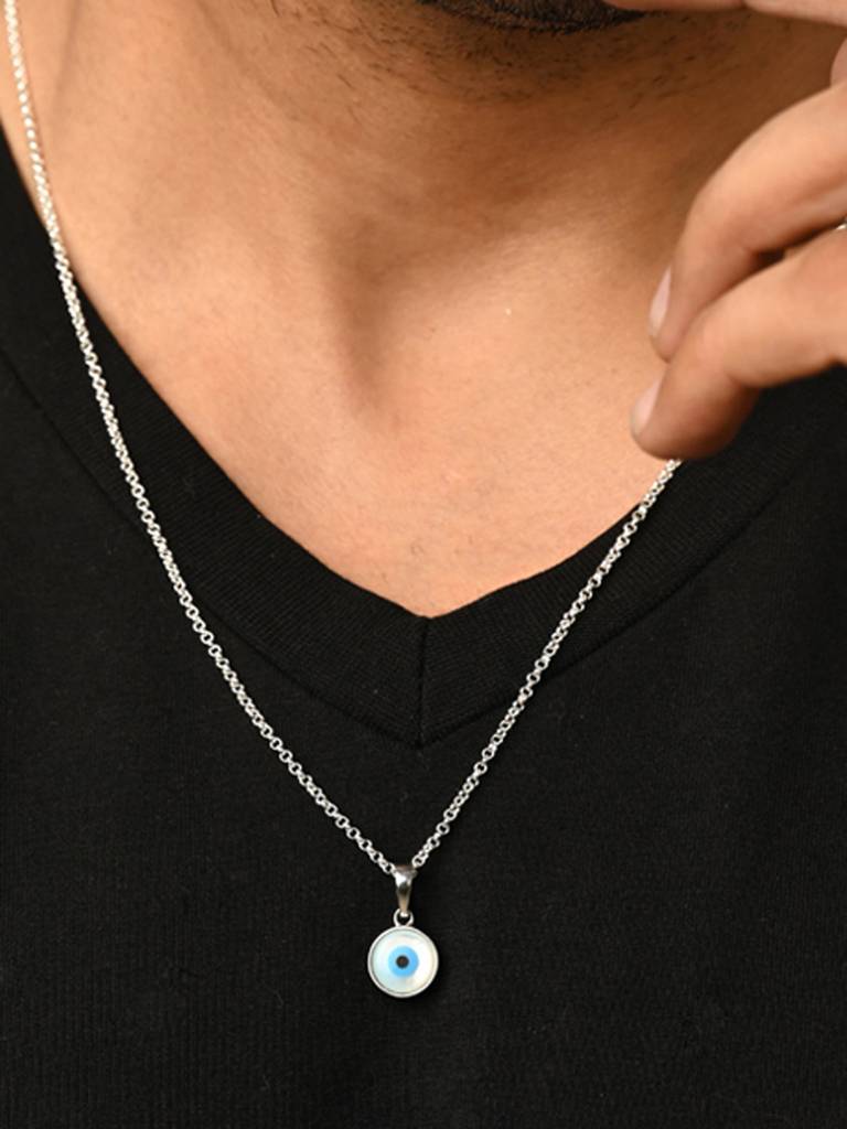 925 Silver Platinum Plated Evil Eye Men Pendant Necklace With Chain Gift For Men & Boys : CSMNP8