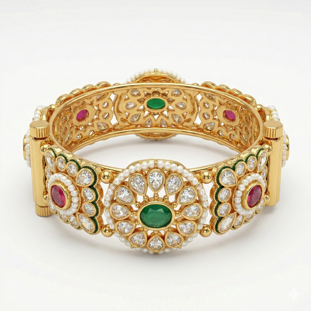 Royal Gold-Tone Ruby & Emerald Polki Style Hinged Statement Bangle With Pearl Accents : BV-BG-7-24