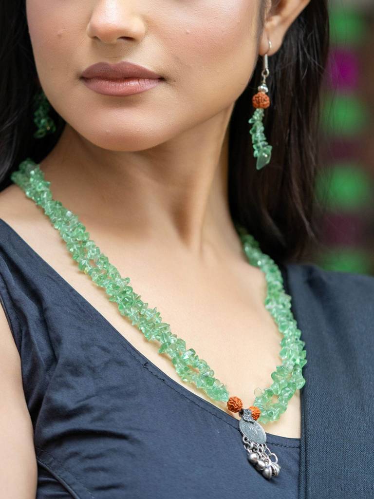 Handmade Green Stone Chips Rudraksh Coin Necklace Set : LAANP127