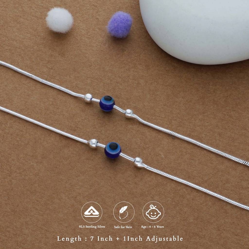 Evil Eye Bead Cartoon & Charm 925 Silver Kid Anklet : KA-KC-RH-A-229-P