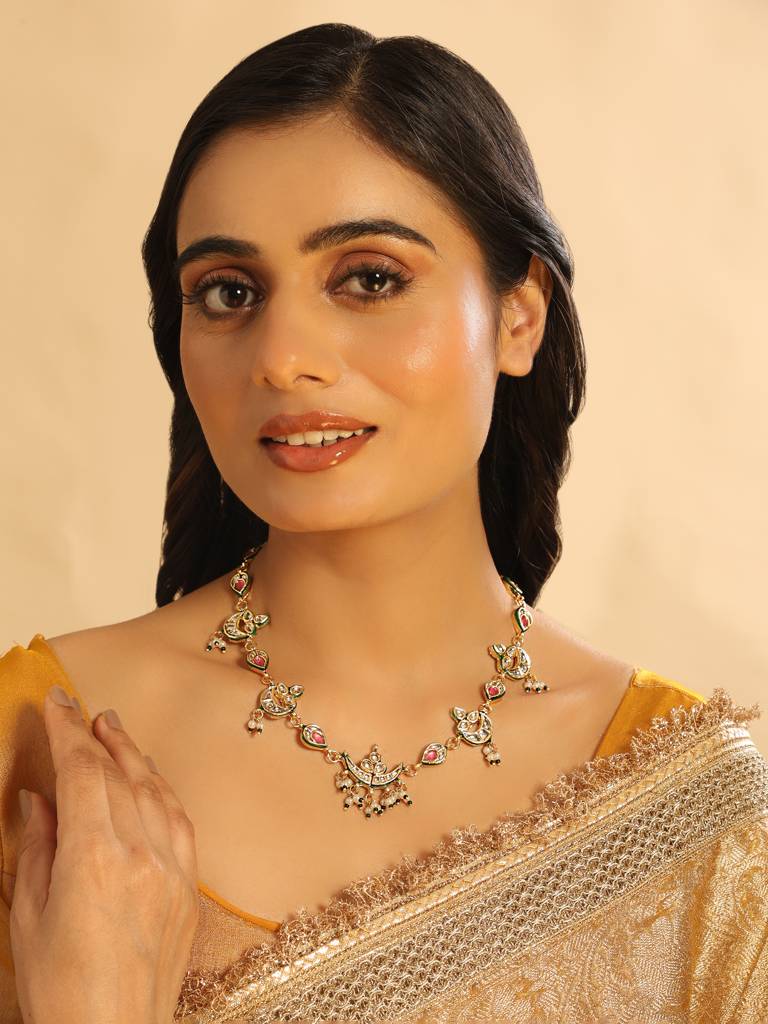 22K Gold Plated Regal Enamel Bloom Pearl Drop Necklace : YI24A0441H