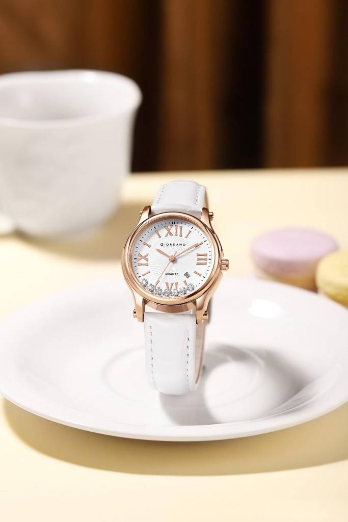Giordano Luxury Analog Quartz Watch For Women Â Rose Gold Case, Roman Numerals, Crystal-Studded Dial, Leather  : GZ-60142-33