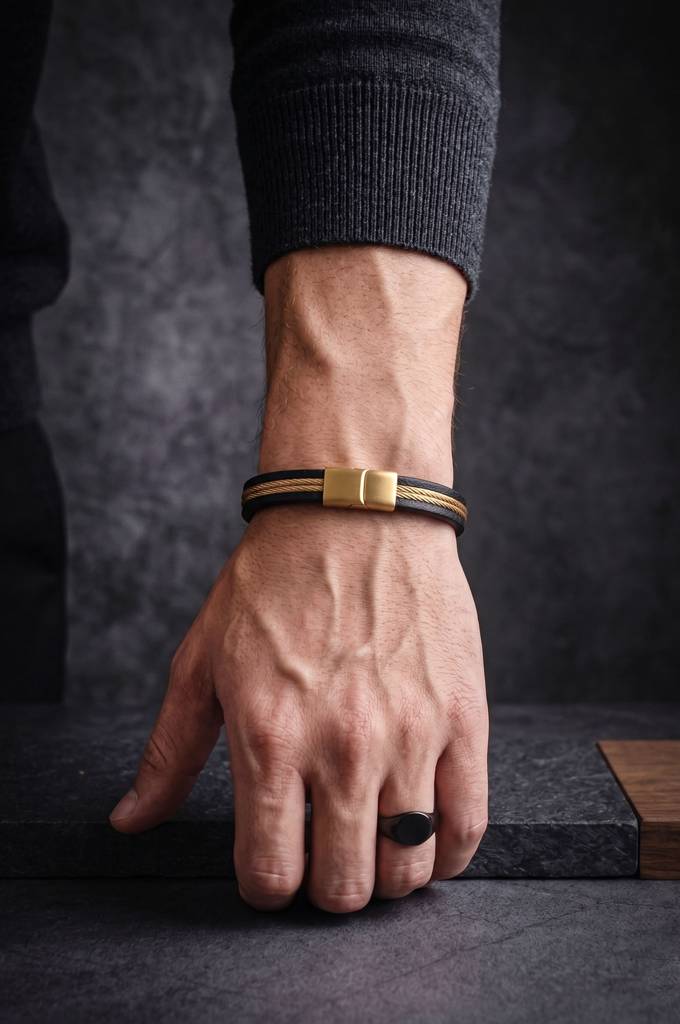 Men'S Black Leather & Gold Plated Cable Inlay Stainless Steel Bracelet : MSYKBL6D006