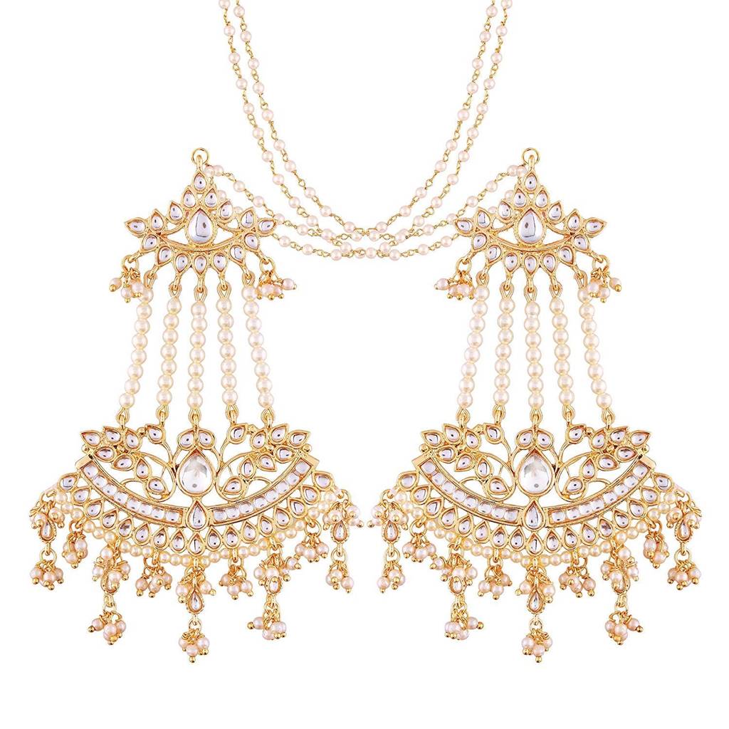 Peora White Baby Pearls & Kundan Studded Drop Earrings With Chains Gift For Women : PF37E2464W