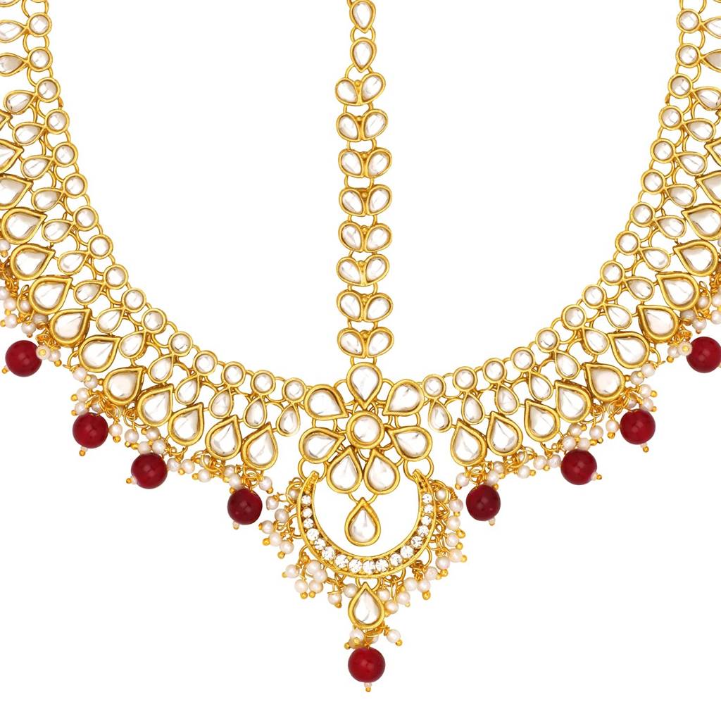 Peora Traditional Gold Plated Red Kundan Pearl Maang Tikka Matha Patti For Women Girls - Valentines Gift For Her : PF28TK304M
