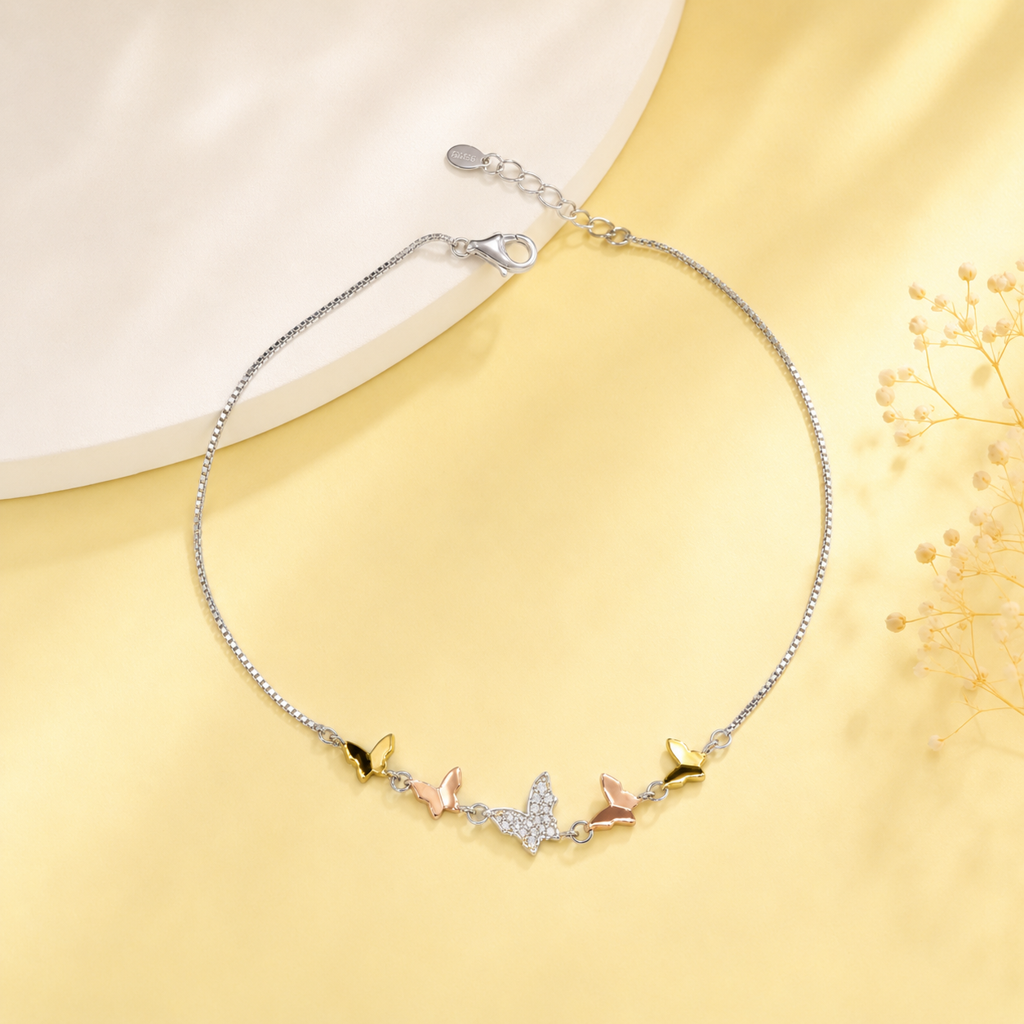 Silver Tri-Tone Butterfly Anklet : AN03760